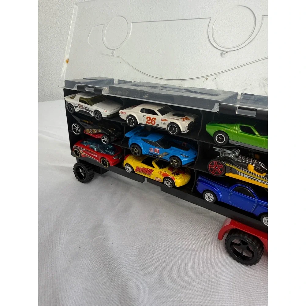 Toy Car Carrier Truck with 18 Diecast Cars Red Transport Semi Storage Case